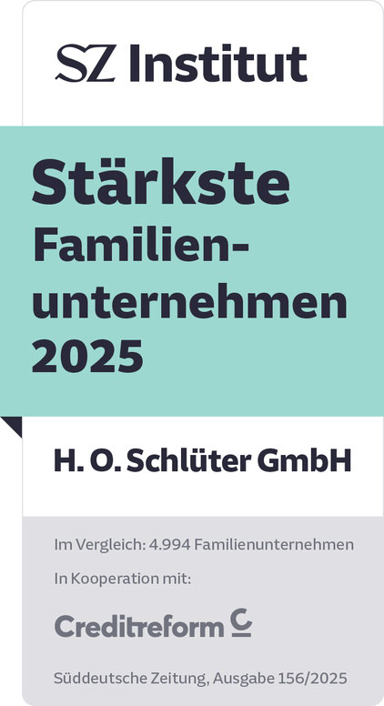 Siegel „SZ Institut — Stärkste Familienunternehmen 2025“ für die H. O. Schlüter GmbH, im Vergleich 4.994 Familienunternehmen, in Kooperation mit Creditreform